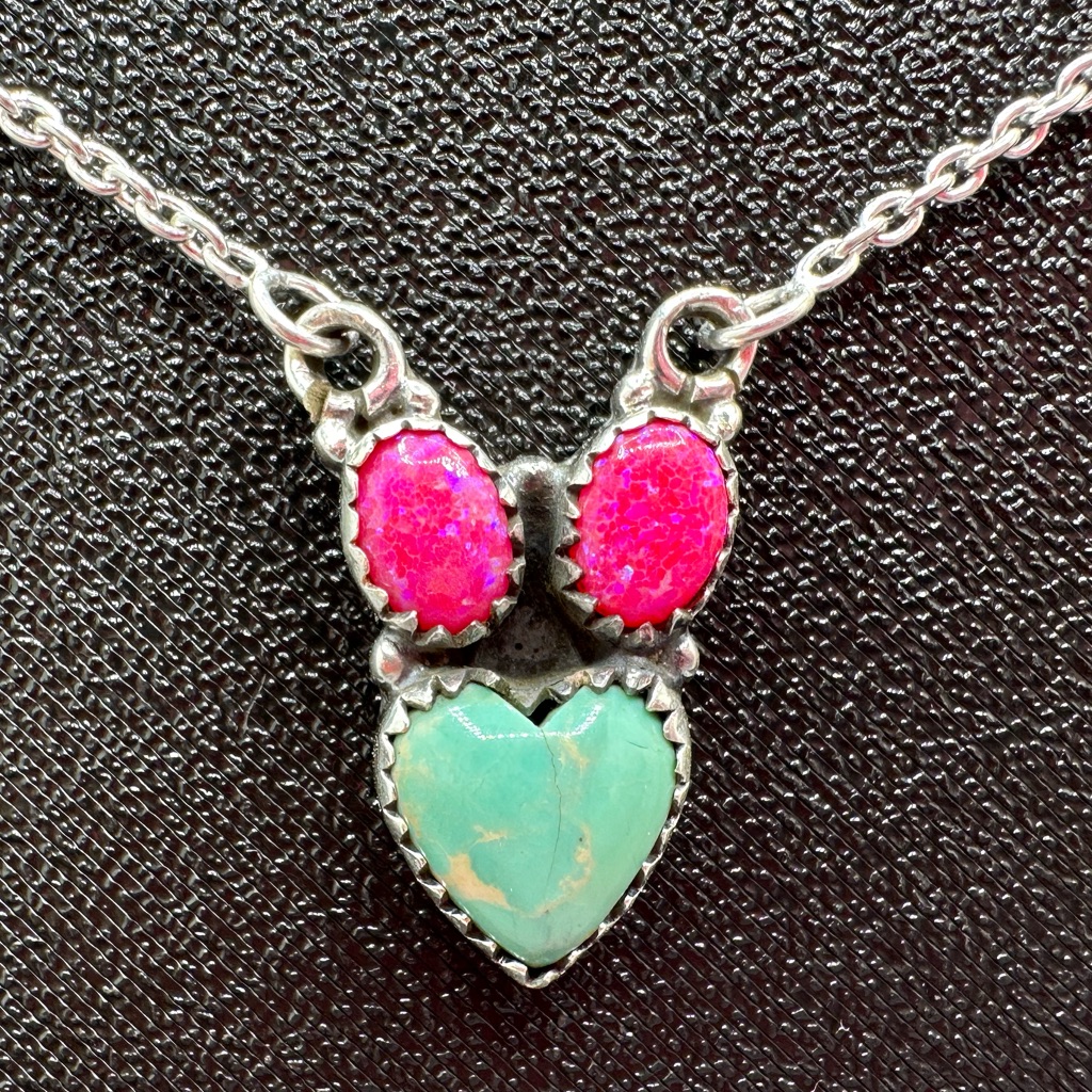 Pink Balloon Opal Turquoise Heart-Shaped Sterling Silver 925 Handmade Necklace 150$